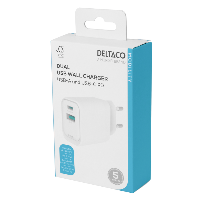 Sein&auml;pistoke USB-A 18 W ja USB-C PD 20 W Valkoinen