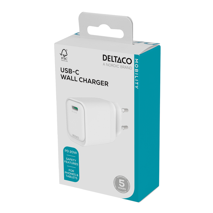 USB-C Sein&auml;pistoke PD 20 W Valkoinen