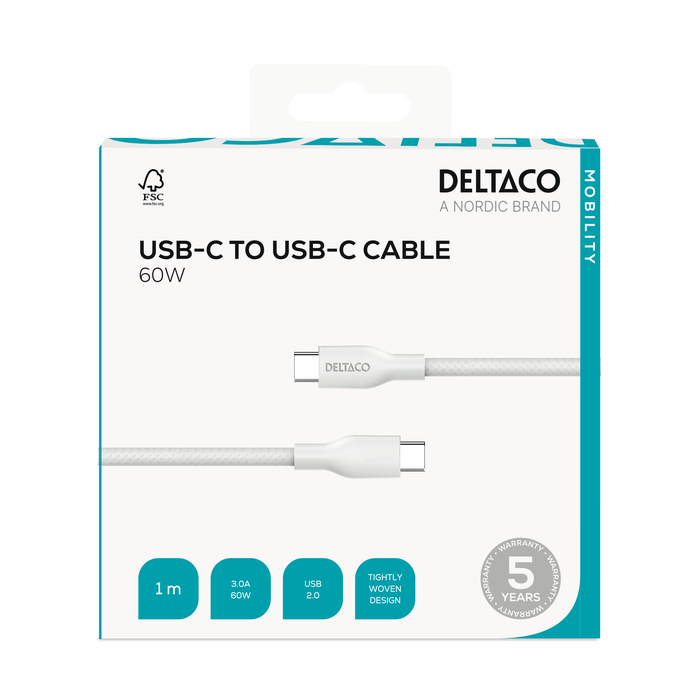 USB-C&ndash;USB-C Latauskaapeli Punottu 60 W Valkoinen 1 m